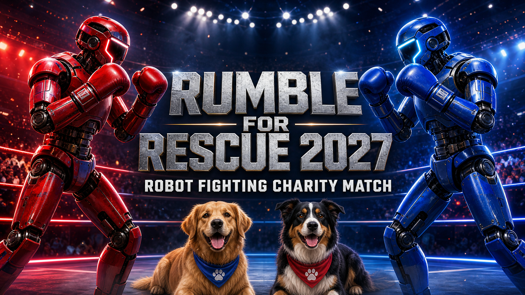 Red and blue boxing robots face off above two happy rescue dogs in the Rumble for Rescue arena